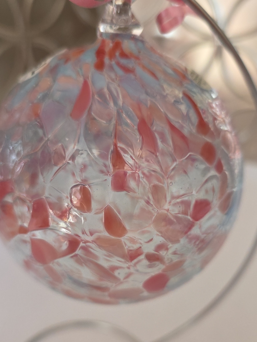 Cristal Lehrer French Hand-Blown Art Glass Sphere Pink/White Speckled Ornament - Picture 5 of 13
